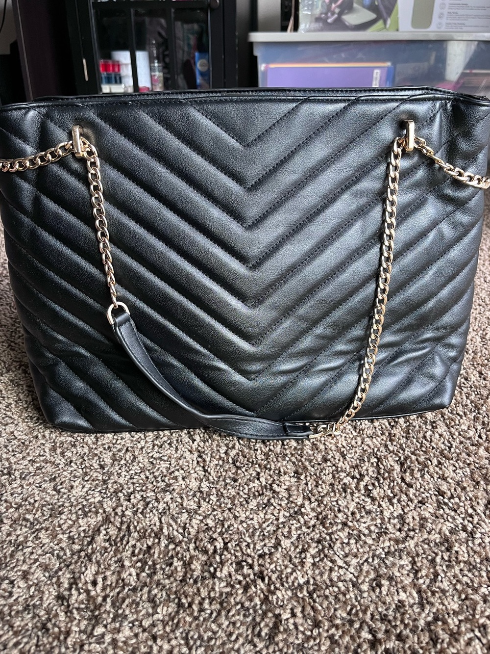 A New Day Black Quilted Chevron Tote with Gold Chain Handles